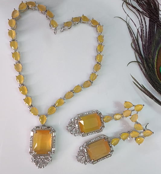 Elegant American Diamond Yellow Necklace Set