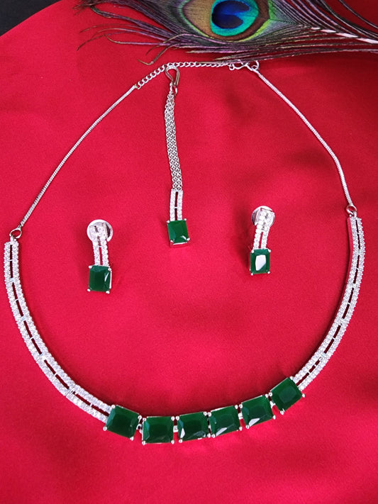 Elegant American Diamond Green Stylish Necklace Set
